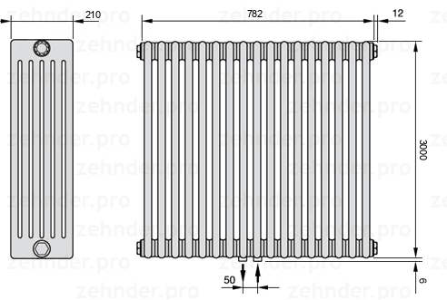 Схема (чертеж) Радиатор Zehnder Charleston 6300/17 №5410 Белый глянцевый RAL 9016